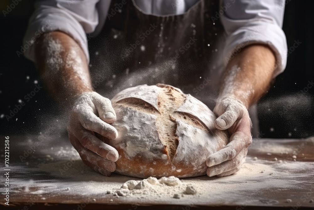 Fototapeta premium Baker is making in oven fresh sourdough bread with mess of flour on table. Generative Ai.