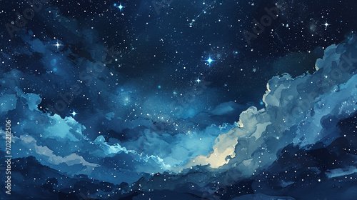 star vector dark blue space background with constellations and clouds. Watercolor night sky inspirational illustration