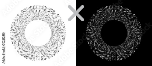 Abstract vector circle with halftone cross as logo or icon. Black shape on a white background and the same white shape on the black side.