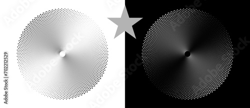 Abstract vector circle with halftone stars as logo or icon. Black shape on a white background and the same white shape on the black side.