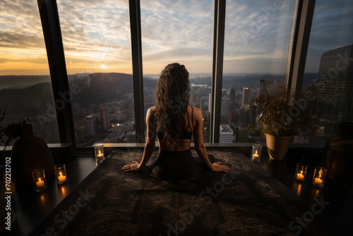 Back view of african woman practicing yoga sitting in the lotus position against the background of a panoramic window with an urban view © sofiko14