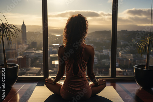 Back view of african woman practicing yoga sitting in the lotus position against the background of a panoramic window with an urban view