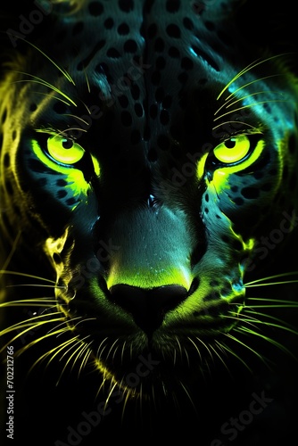 Abstract Panther close-up in yellow Neon lighting, green eyes, 3D, Banner, Album design, notebooks, smartphone background