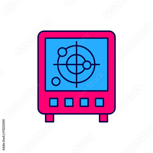 Filled outline Radar with targets on monitor in searching icon isolated on white background. Search system. Navy sonar.  Vector