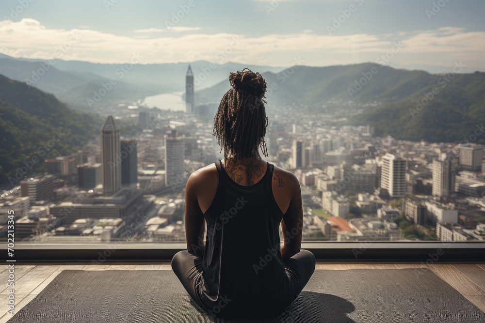 Back view of african man practicing yoga sitting in the lotus position against the background of a panoramic window with an urban view