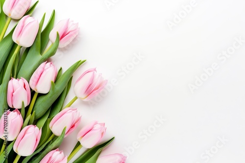 beautiful tulips white and pink on white background, flat lay and copy space - generative ai