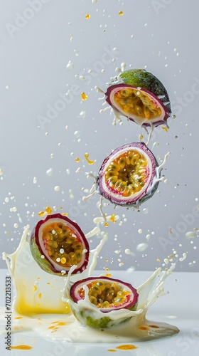 Levitating fruit concept. Juicy fresh halves of tropical exotic passion fruit flying with a splash of milk or yogurt.