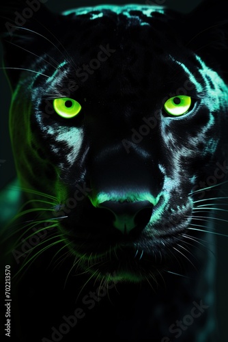 Abstract Panther close-up in green Neon lighting, green eyes, 3D, Banner, Album design, notebooks, smartphone background