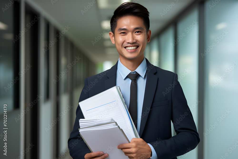 Portrait of happy young asian businessman smiling at camera in office Portrait of happy young asian businessman smiling at camera in office