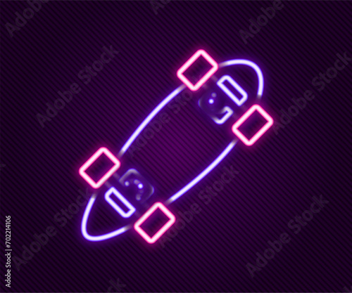 Glowing neon line Longboard or skateboard cruiser icon isolated on black background. Extreme sport. Sport equipment. Colorful outline concept. Vector