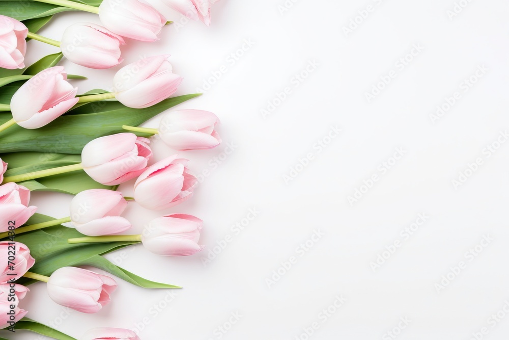beautiful tulips white and pink on white background, flat lay and copy space - generative ai beautiful tulips white and pink on white background, flat lay and copy space - generative ai