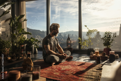 Caucasian man practicing yoga sitting in the lotus position against the background of a panoramic window with an urban view