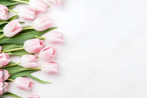 beautiful tulips white and pink on white background, flat lay and copy space - generative ai © Nia™