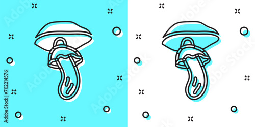 Black line Psilocybin mushroom icon isolated on green and white background. Psychedelic hallucination. Random dynamic shapes. Vector