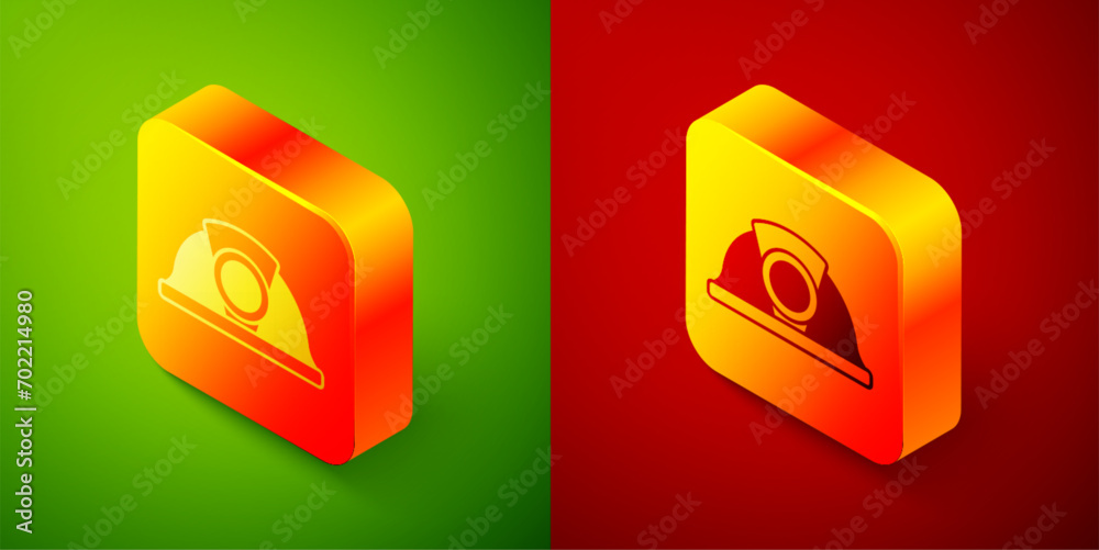 Isometric Miner helmet icon isolated on green and red background. Square button. Vector Isometric Miner helmet icon isolated on green and red background. Square button. Vector