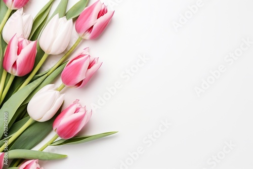 beautiful tulips white and pink on white background  flat lay and copy space - generative ai