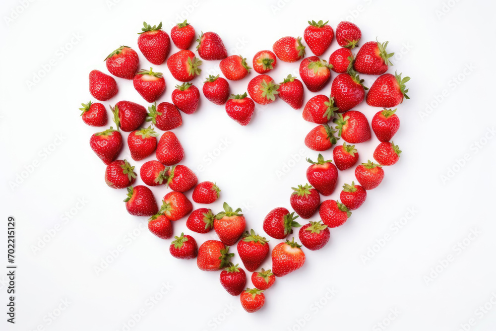 Creative background made of red strawberries in the shape of heart, top view on white Creative background made of red strawberries in the shape of heart, top view on white