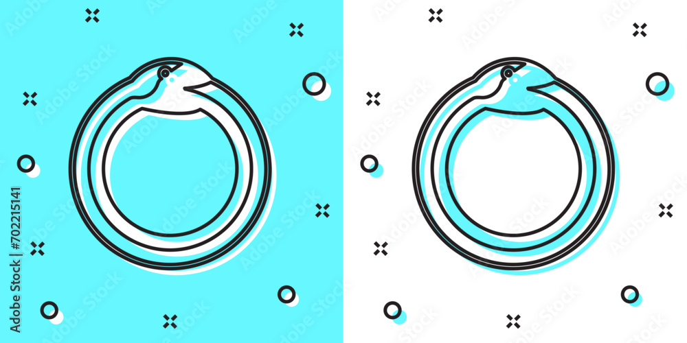 Black line Magic symbol of Ouroboros icon isolated on green and white background. Snake biting its own tail. Animal and infinity, mythology and serpent. Random dynamic shapes. Vector Black line Magic symbol of Ouroboros icon isolated on green and white background. Snake biting its own tail. Animal and infinity, mythology and serpent. Random dynamic shapes. Vector