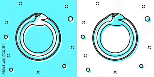 Black line Magic symbol of Ouroboros icon isolated on green and white background. Snake biting its own tail. Animal and infinity, mythology and serpent. Random dynamic shapes. Vector