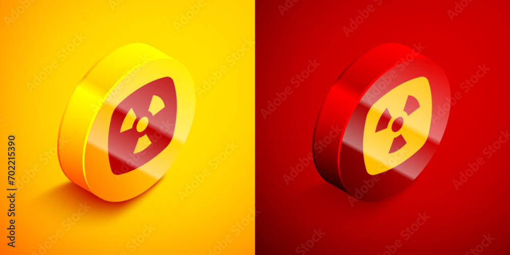 Isometric Radioactive icon isolated on orange and red background. Radioactive toxic symbol. Radiation hazard sign. Circle button. Vector Isometric Radioactive icon isolated on orange and red background. Radioactive toxic symbol. Radiation hazard sign. Circle button. Vector