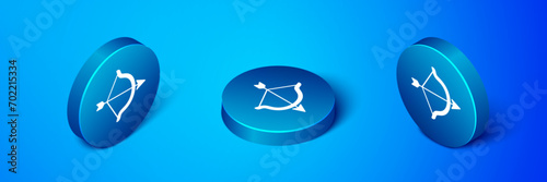 Isometric Bow and arrow icon isolated on blue background. Cupid symbol. Love sign. Happy Valentines day. Blue circle button. Vector
