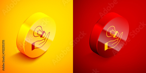 Isometric Light bulb in hand with concept of idea icon isolated on orange and red background. Energy and idea symbol. Inspiration concept. Circle button. Vector