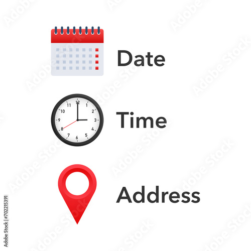 Essential Appointment Icons Set Featuring Calendar, Clock, and Location Pin for Date, Time, and Address Indication.