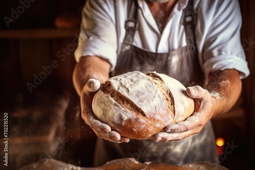 Baker is making in oven fresh sourdough bread with mess of flour on table. Generative Ai.