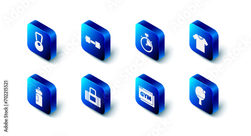 Set Dumbbell, Stopwatch, T-shirt, Racket and ball, Online fitness training, Sport bag, Fitness shaker and Kettlebell icon. Vector