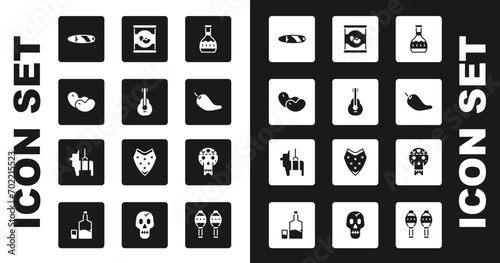 Set Tequila bottle, Mexican guitar, Beans, Cigar, Hot chili pepper pod, in, skull and Pinata icon. Vector