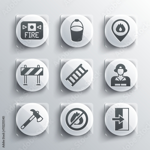 Set No fire, Fire exit, Firefighter, escape, axe, Road barrier, alarm system and Location with flame icon. Vector