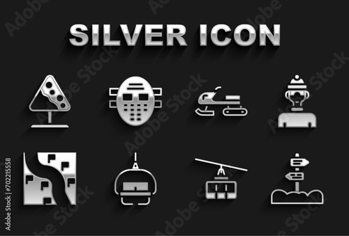 Set Ski lift, Winter athlete, Road traffic signpost, Cable car, Route location, Snowmobile, avalanches and Hockey mask icon. Vector