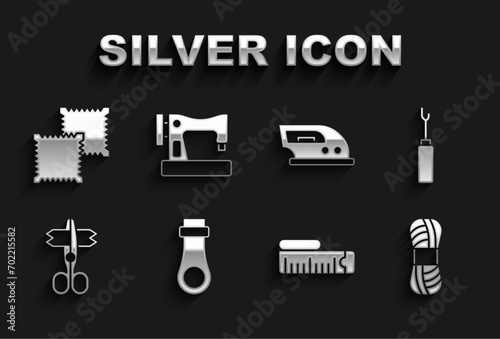 Set Zipper, Awl tool, Yarn, Tape measure, Scissors, Electric iron, Textile fabric roll and Sewing machine icon. Vector