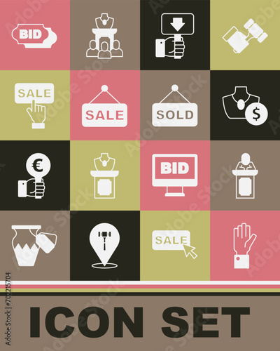 Set Hand holding auction, Auction auctioneer sells, jewelry sale, paddle, Price tag with Sale, Bid and sold icon. Vector