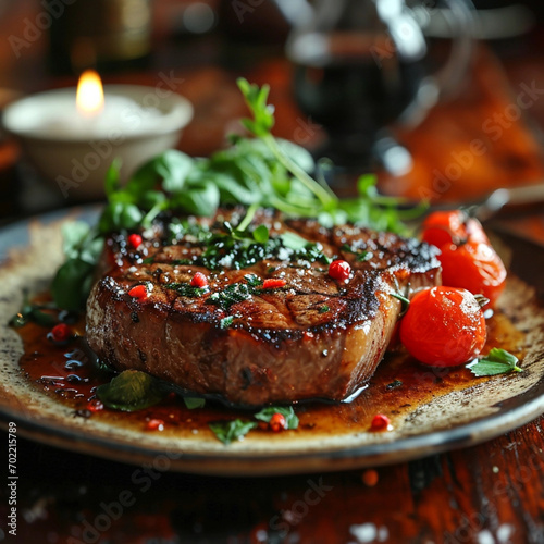 Steak Food Photography with Popular Art Details Scene Description: Highlighting the details and textures of a steak dish with an artistic touch, inspired by popular art styles like impressionis