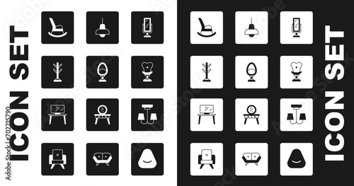 Set Big full length mirror, Armchair, Coat stand, Rocking, Lamp hanging, Chandelier and TV table icon. Vector