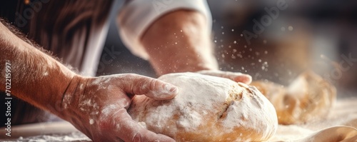 Baker is making in oven fresh sourdough bread with mess of flour, banner panorama. Generative Ai.