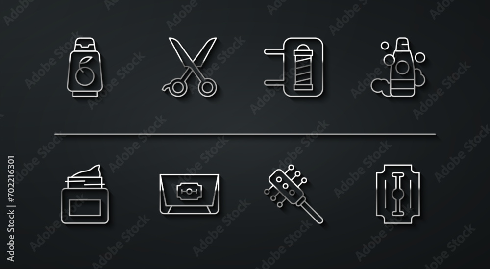 Set line Bottle of shampoo, Cream cosmetic jar, Hairbrush, Blade razor, Scissors hairdresser, and Barber shop pole icon. Vector Set line Bottle of shampoo, Cream cosmetic jar, Hairbrush, Blade razor, Scissors hairdresser, and Barber shop pole icon. Vector