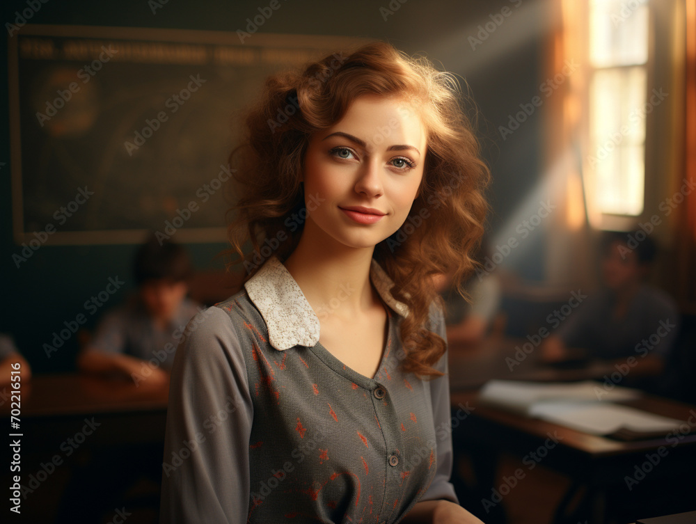 Pretty student girl in dress standing by a black school board. Beauty, fashion. Education, college. Pretty student girl in dress standing by a black school board. Beauty, fashion. Education, college.