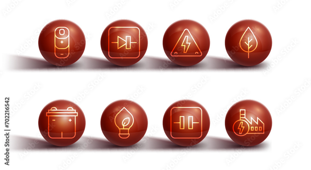 Set line Battery charge, Car battery, Leaf Eco symbol, Electrolytic capacitor, Light bulb with leaf, Diode in electronic circuit, Nuclear power plant and High voltage icon. Vector Set line Battery charge, Car battery, Leaf Eco symbol, Electrolytic capacitor, Light bulb with leaf, Diode in electronic circuit, Nuclear power plant and High voltage icon. Vector