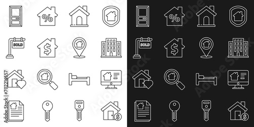 Set line House with dollar symbol  Online real estate house  Hanging sign Sold  Closed door and Location icon. Vector