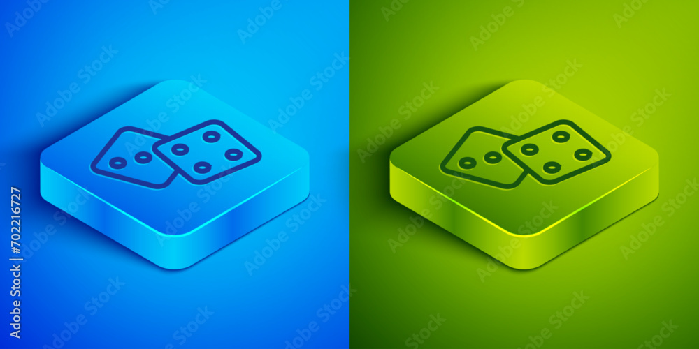 Isometric line Game dice icon isolated on blue and green background. Casino gambling. Square button. Vector Isometric line Game dice icon isolated on blue and green background. Casino gambling. Square button. Vector