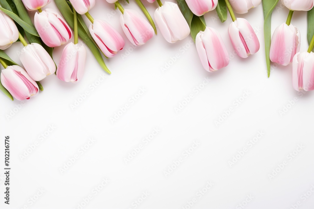 beautiful tulips white and pink on white background, flat lay and copy space - generative ai