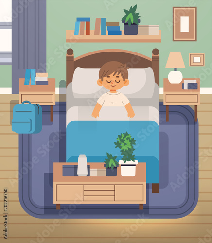Boy sleeping in his bedroom. Top view interior flat vector illustration