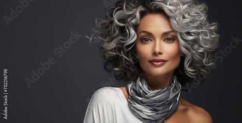 Portrait of beautiful woman with ash hair color on background photo