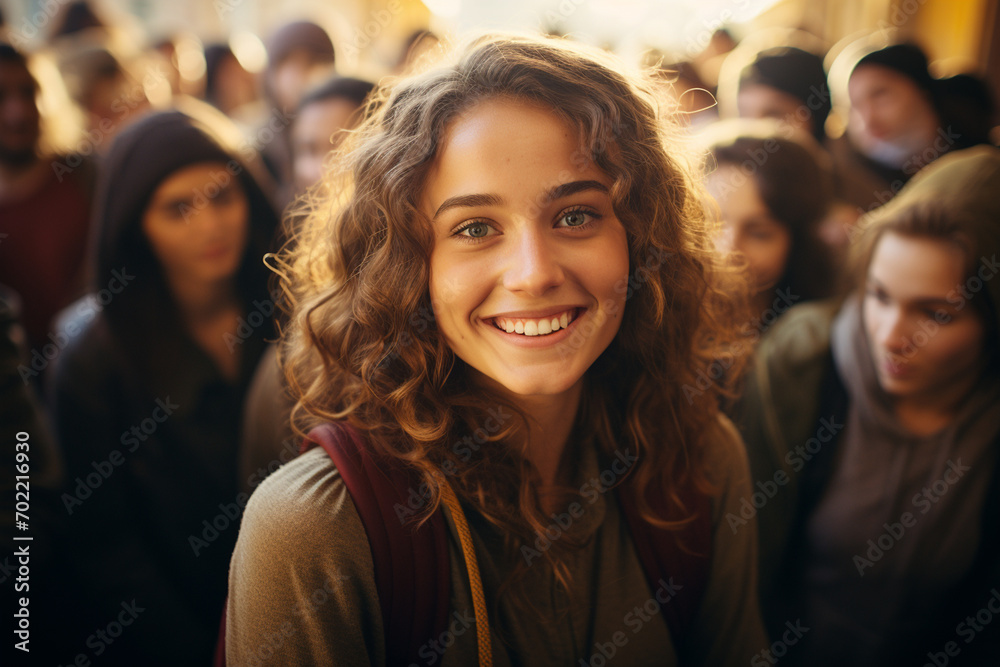 Portrait of young attractive girl in the old city center. Sunset light. Lviv.