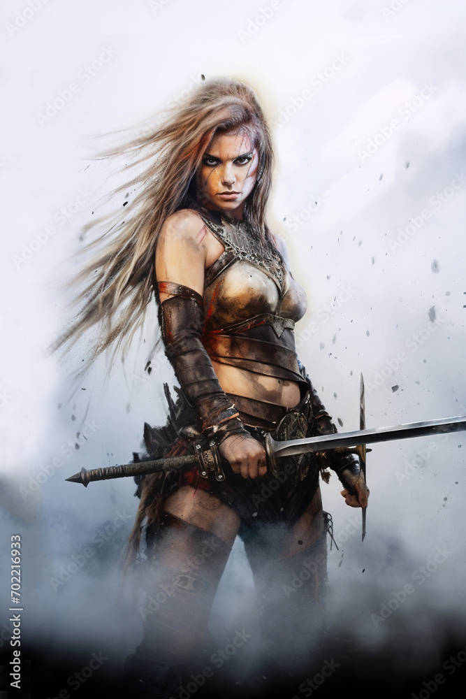 Obraz premium Beautiful blonde warrior girl in style of combat fantasy. Pencil and watercolor drawing