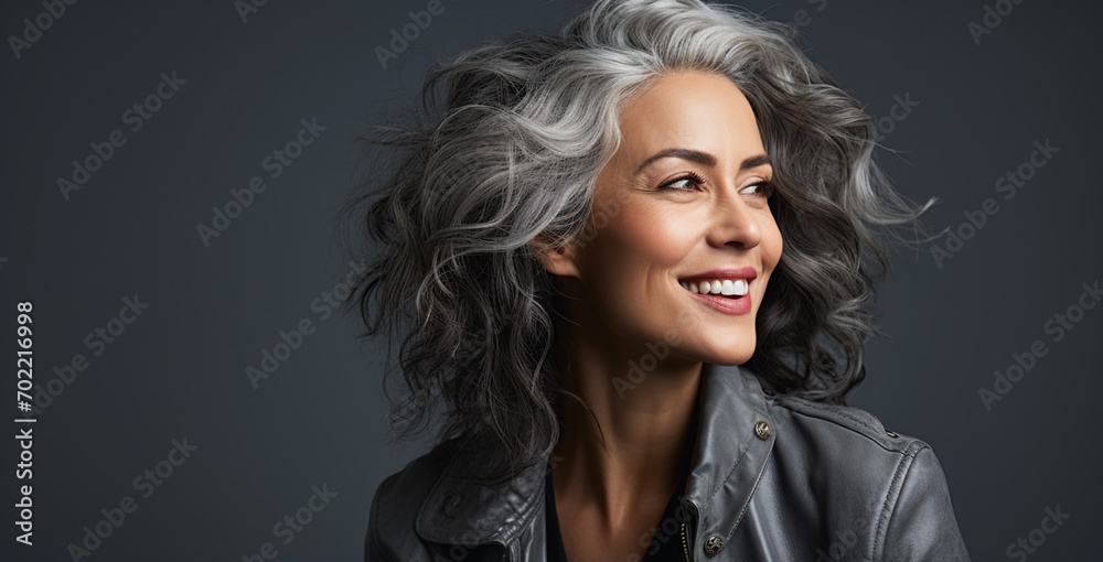 Portrait of beautiful woman with ash hair color on background