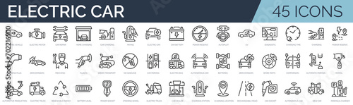 Set of 45 outline icons related to electric car. Linear icon collection. Editable stroke. Vector illustration