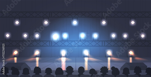 Empty dark stage for performances and presentations with spot lights spectators. Flat cartoon vector illustration photo